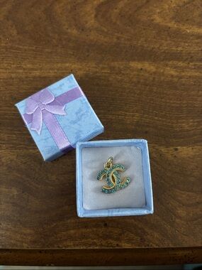 Chanel Logo Gold Zipper Pull Charm With Teal Blue Stones for Necklace Bracelet